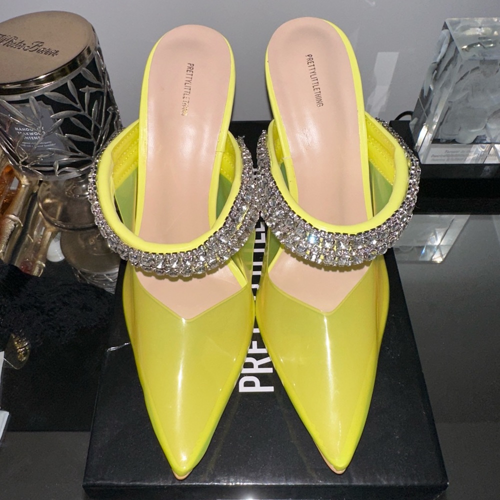 Neon yellow Mule with crystal  detail. By Pretty Little thing Shoe is Brand new.